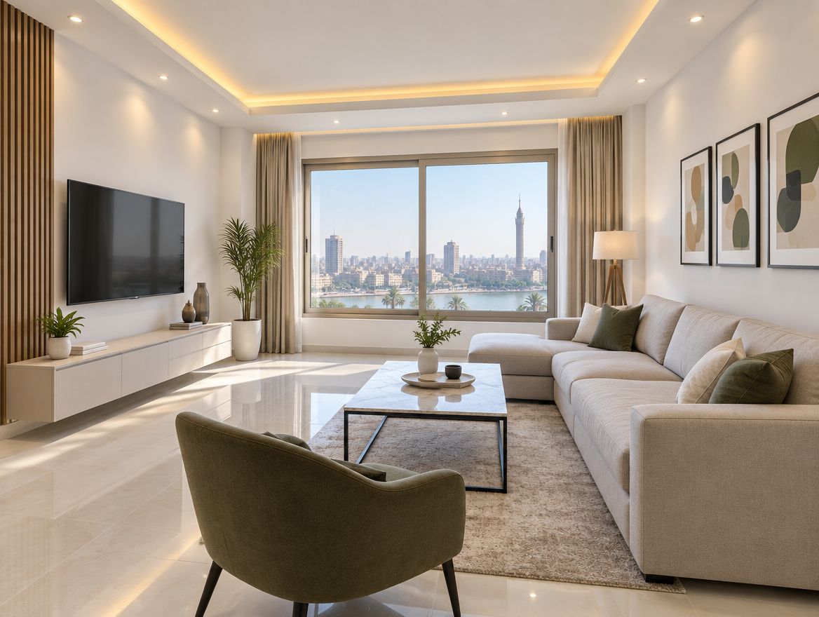 The same apartment after finishing — a modern living room with a gypsum ceiling, hidden lighting and porcelain floors