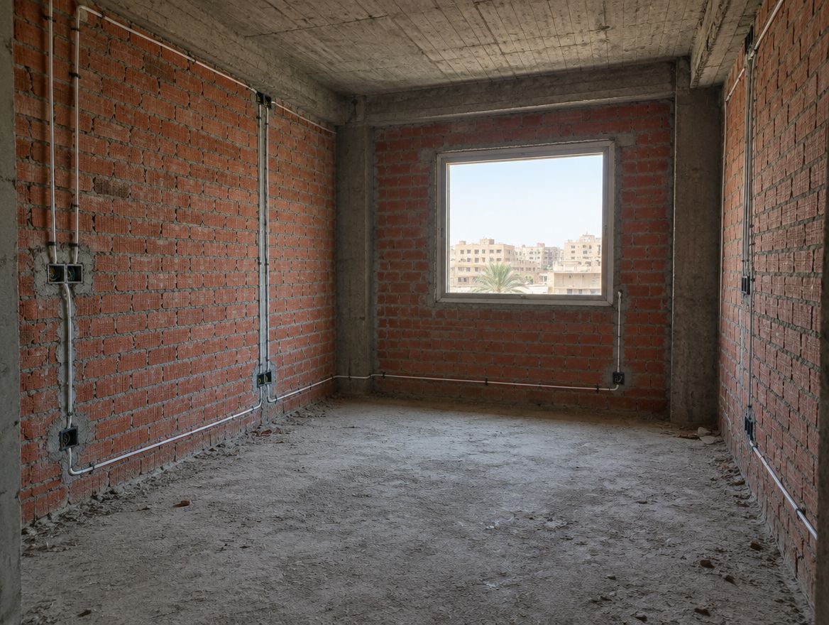 The apartment before finishing — red-brick walls, a bare concrete floor and exposed conduit